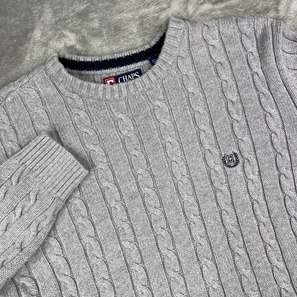 Chaps Cable Knit Sweater Mens XL Gray Solid Cotton Crewneck Long Sleeve Logo